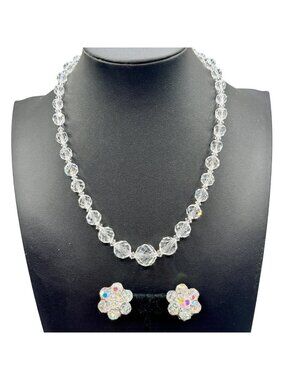 Vintage Crystal Glass Bead Necklace 16" Cluster Earrings 1950s Cottagecore Glam